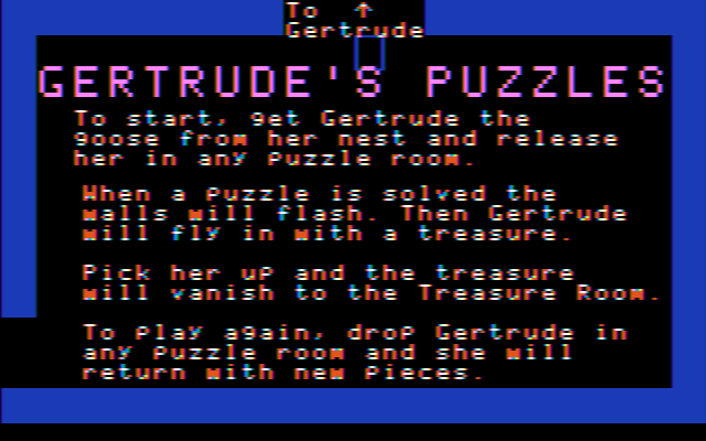 Gertrude's Puzzles (DOS) screenshot: The massive tutorial is almost over... (CGA w/composite monitor)