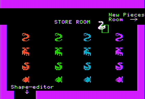 Gertrude's Puzzles (Apple II) screenshot: Got some animal-themed shapes from the New Pieces Room.