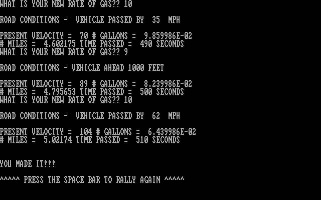 Road Rally (DOS) screenshot: Made it on my last drop of fuel (unhelpfully displayed in scientific E-notation).