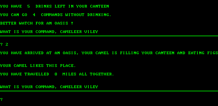 Desert (DOS) screenshot: Kicking back at the oasis while my camel does all the work.