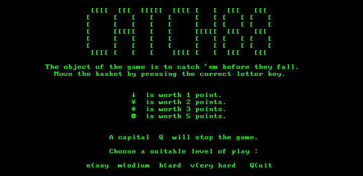 Catch88 (DOS) screenshot: Title screen (80-column, monochrome)
