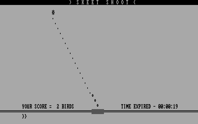 Skeet Shoot (DOS) screenshot: ♫ "Let's see you fly, you dirty bird / with a bullet through the eye!" ♫
