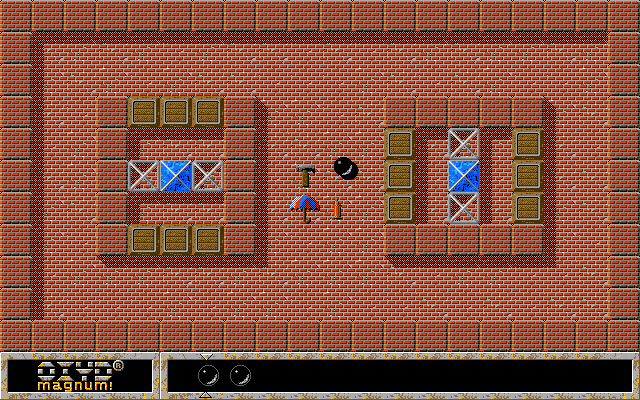 Oxyd magnum! (DOS) screenshot: Level 7: nudge those wooden blocks to get to your targets.