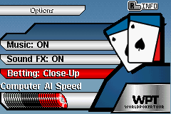 World Poker Tour (Game Boy Advance) screenshot: Options - Betting: Top-Down or Close-Up