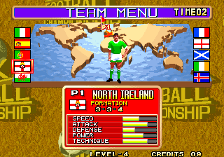 The Ultimate 11: SNK Football Championship (Arcade) screenshot: Team Menu