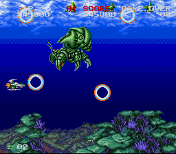 Darius Twin (SNES) screenshot: Don't get hit by enemy fire without a shield!