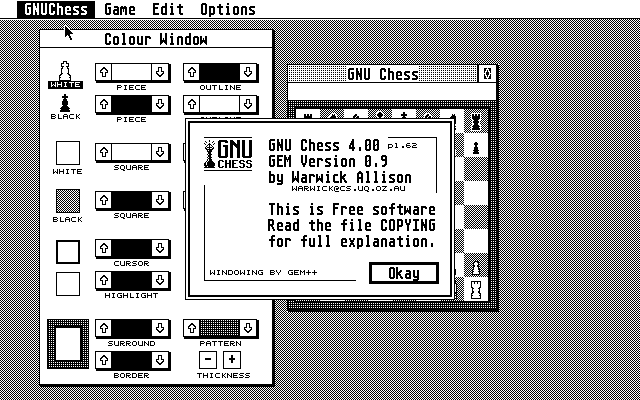 GNU Chess (Atari ST) screenshot: (v4.0) About GNU Chess