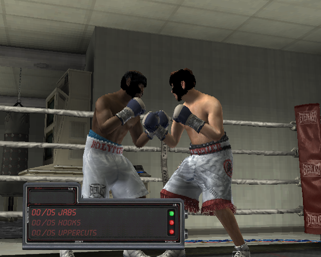Fight Night Round 2 (PlayStation 2) screenshot: This is a sparring session. In this one the player must land five jabs followed by five hooks and five uppercuts.