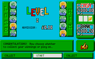Emlyn Hughes Arcade Quiz (Atari ST) screenshot: At the end of the cash game the player may choose to continue to the next level or to collect the won cash
