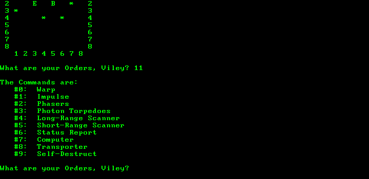 Quadrant (DOS) screenshot: A rundown of available commands.