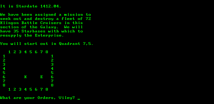 Quadrant (DOS) screenshot: A lone enemy ship greets us in the first quadrant.