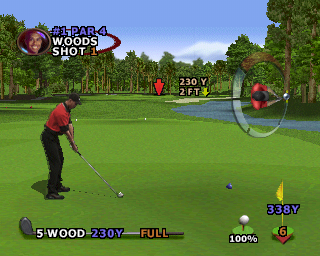 Tiger Woods PGA Tour 2000 (PlayStation) screenshot: On the tee at hole one of the Sawgrass course