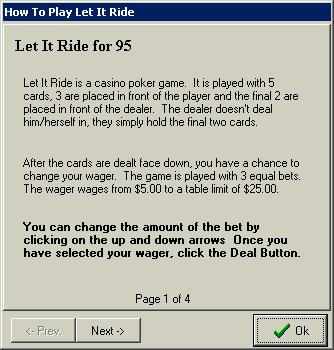 Let It Ride for 95 (Windows) screenshot: There is an in-game help function. It is accessed via the menu bar and opens in a separate window