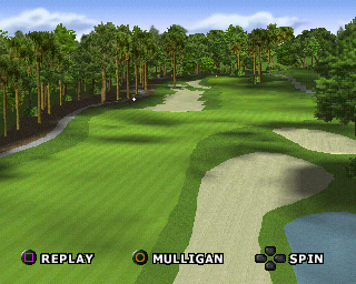 Tiger Woods PGA Tour 2000 (PlayStation) screenshot: When the stroke is played the camera tracks its flight