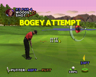 Tiger Woods PGA Tour 2000 (PlayStation) screenshot: On the green and putting for a 'bogey'.