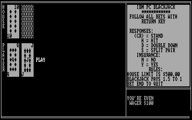 Blackjack (DOS) screenshot: Make your move
