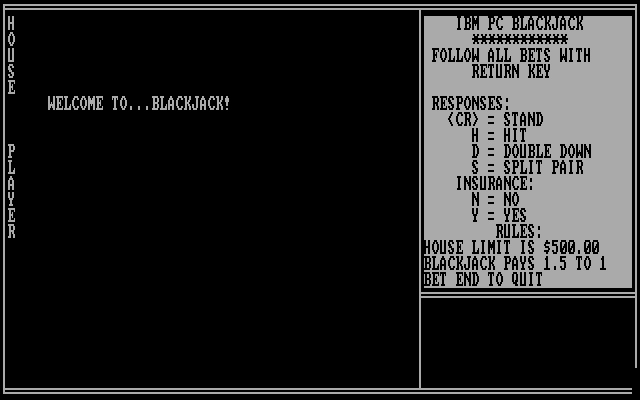 Blackjack (DOS) screenshot: Time to place some bets