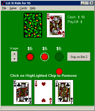 Let It Ride for 95 (Windows) screenshot: Here the player is going to win because there is already a pair of kings on the table