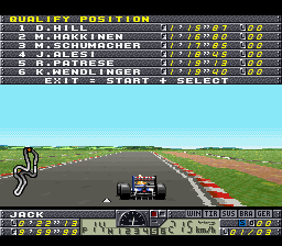 F1 Pole Position 2 (SNES) screenshot: Trying to get a good position on the grid