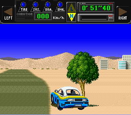 Jaleco Rally: Big Run - The Supreme 4WD Challenge (SNES) screenshot: Crashed into a tree