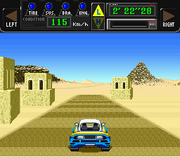 Jaleco Rally: Big Run - The Supreme 4WD Challenge (SNES) screenshot: Driving out in the desert now