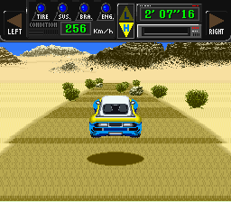 Jaleco Rally: Big Run - The Supreme 4WD Challenge (SNES) screenshot: Jumping through the air