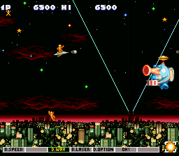 Jikkyō Oshaberi Parodius (SNES) screenshot: Huge but cute baddy