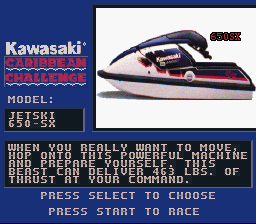 Kawasaki Caribbean Challenge (SNES) screenshot: Select a jet-ski