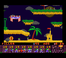 Lemmings 2: The Tribes (SNES) screenshot: Get them to the sandcastle