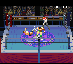 Jikkyō Power Pro Wrestling '96: Max Voltage (SNES) screenshot: Knocked backwards