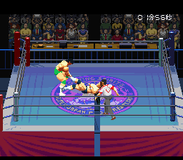 Jikkyō Power Pro Wrestling '96: Max Voltage (SNES) screenshot: Dragging you across the ring