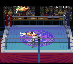 Jikkyō Power Pro Wrestling '96: Max Voltage (SNES) screenshot: Here comes the jump