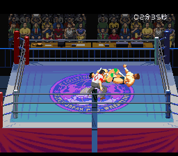 Jikkyō Power Pro Wrestling '96: Max Voltage (SNES) screenshot: Got you pinned with his legs
