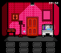 NEScape! (NES) screenshot: The first room (after turning on the lights) has some useful objects in it.