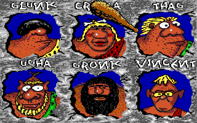 Caveman Ugh-Lympics (DOS) screenshot: choose a caveman! - EGA