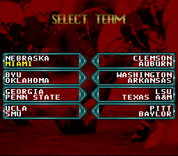 NCAA Football (SNES) screenshot: Select team
