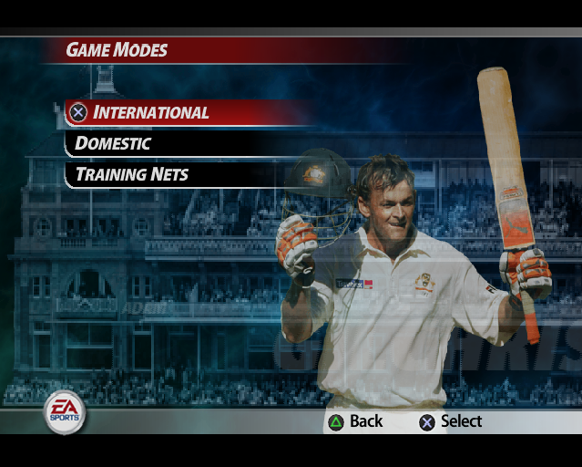 Cricket 2005 (PlayStation 2) screenshot: There are three game modes each of which leads to a further sub menu, for example there are five kinds of International match