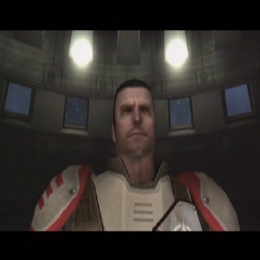 Mace Griffin: Bounty Hunter (PlayStation 2) screenshot: In the animated introduction we see Mace Griffin when he was a Space Ranger. It's fair to say he's a very unhappy character who'll kill anyone because, as he says, 'Who wants to go to hell alone?"