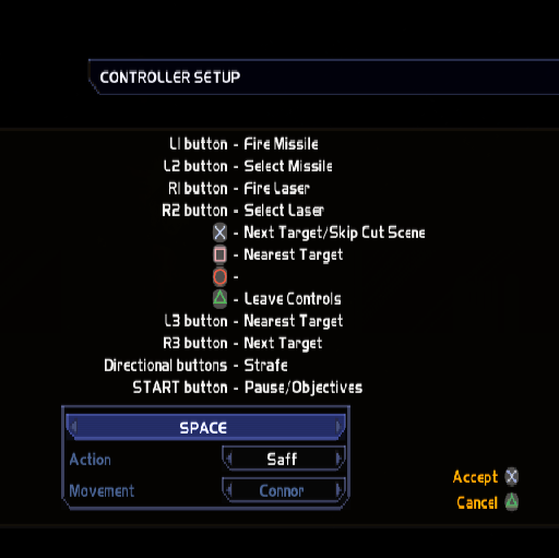Mace Griffin: Bounty Hunter (PlayStation 2) screenshot: This is the controller setup. The keys cannot be changed