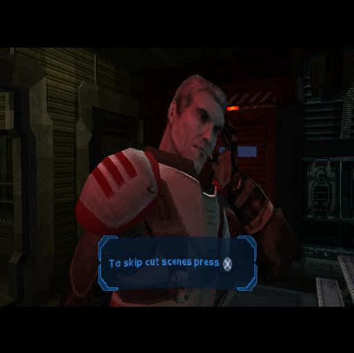 Mace Griffin: Bounty Hunter (PlayStation 2) screenshot: The game starts with Mace still in the Space Rangers. They come upon a cargo ship that's under attack, here the Sergeant is just receiving the news
