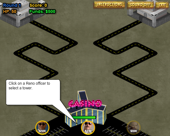 Reno 911 Excessive Force (Browser) screenshot: Start of the game (Casino Riot)