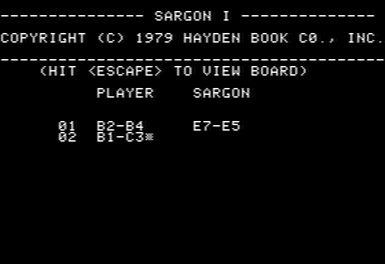 Sargon (Apple II) screenshot: Inputting moves