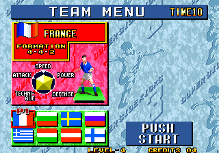 Super Sidekicks 3: The Next Glory (Arcade) screenshot: Team menu