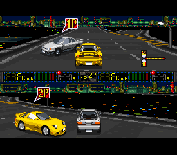 Shutokō Battle '94: Drift King (SNES) screenshot: 1P vs 2P.