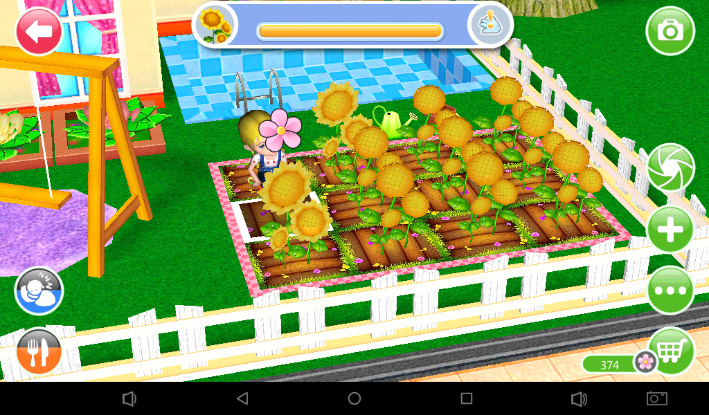 Ava the 3D Doll (Android) screenshot: By harvesting the sunflowers, Ava earns flowers to spend on items.