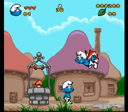 The Smurfs (SNES) screenshot: Avoid the flying Smurf