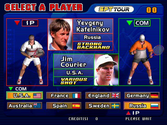 Virtua Tennis (Arcade) screenshot: Throwing a coin allows us to go through 5 tennis matches as one of the 8 available players.