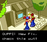 Xtreme Sports (Game Boy Color) screenshot: Fin and Guppi hear about the challenge.