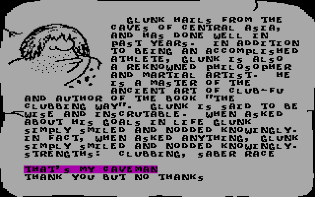 Caveman Ugh-Lympics (DOS) screenshot: learn more about each caveman - CGA