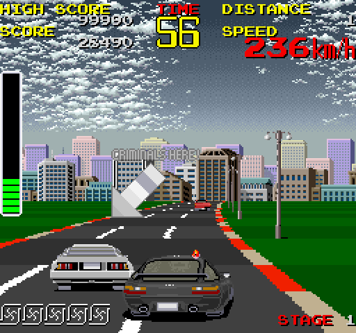 Chase H.Q. (FM Towns) screenshot: Ram the bad guy's car until he is forced to stop